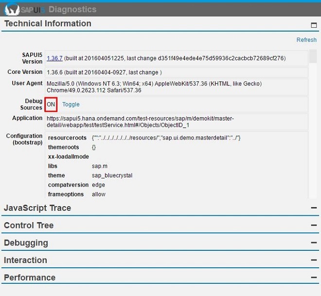 SAPUI5 Diagnostics Debug Sources SAPUI5 Diagnostics Debug Sources